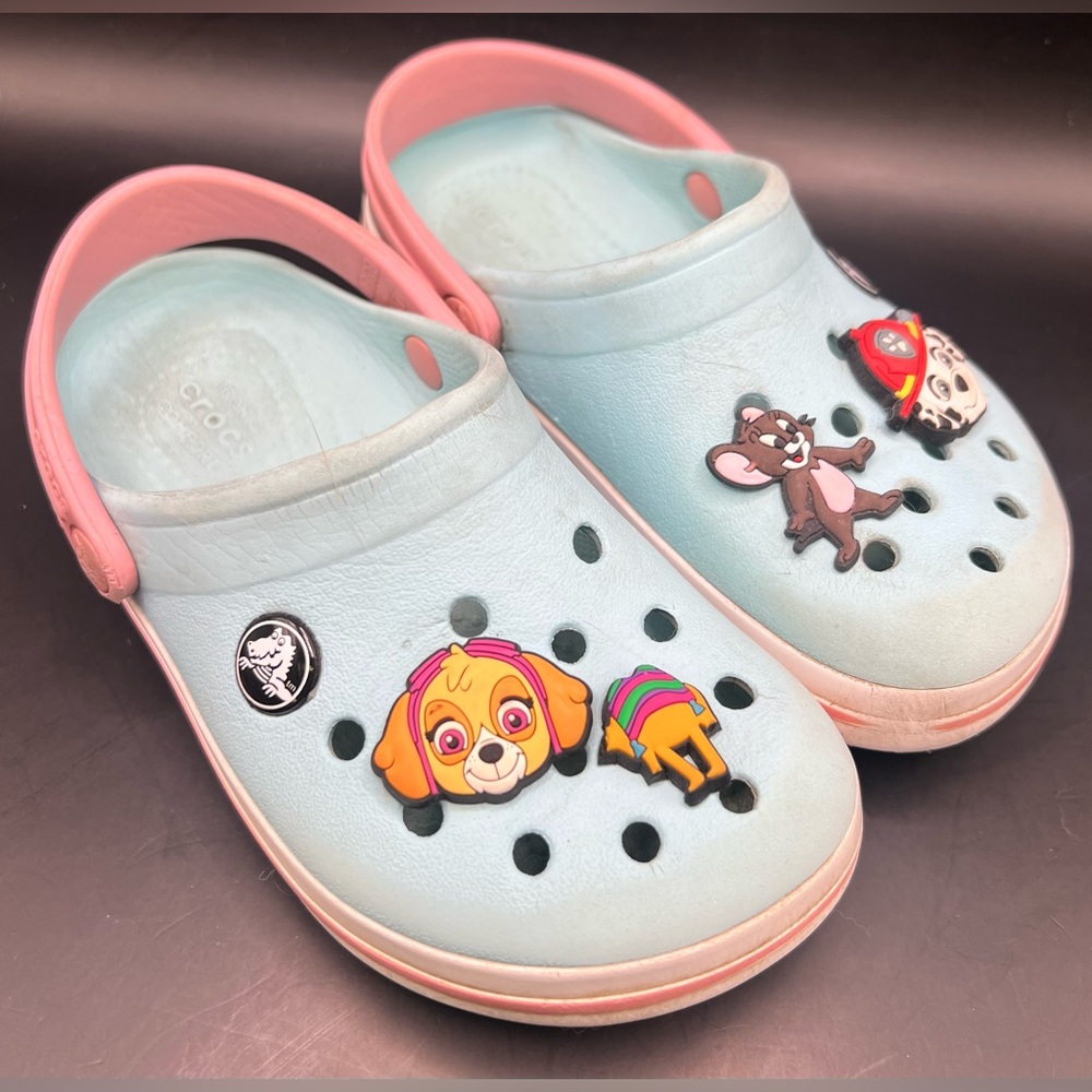 CROCS Kids Blue and Pink Character‎ Clogs- Fair condition
